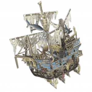 3D040 GALEÓN PIRATA: Ilustración de un barco pirata de madera naufragado bajo el agua, cubierto de algas y corales, rodeado de animales marinos como un tiburón, un pulpo, una tortuga y peces.
