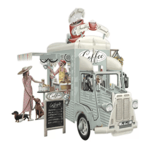 3D041 CAMIÓN DE CAFÉ: Ilustración de un camión vintage sirviendo café a una mujer con perro; se ve el menú, el barista y tazas apiladas en el techo.