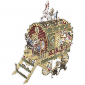 El 3D042 CARAVANA DE RATONES presenta un caprichoso y ornamentado vagón con techo curvo, repleto de personajes animales, flores y objetos. Un ratón tira de la carreta mientras otros juegan alrededor y dentro de ella.
