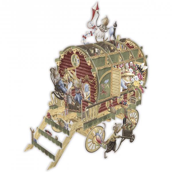 El 3D042 CARAVANA DE RATONES presenta un caprichoso y ornamentado vagón con techo curvo, repleto de personajes animales, flores y objetos. Un ratón tira de la carreta mientras otros juegan alrededor y dentro de ella.