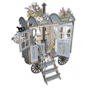 El 3D043 BETTY BLUE es un pequeño carromato gitano rústico con ventanas abiertas, macetas con flores en el techo, un perro sentado en los escalones y una figura de un gato en la parte superior.
