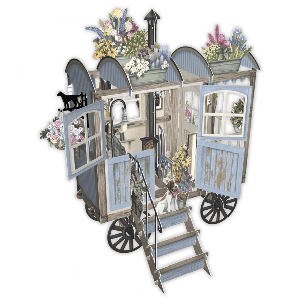 El 3D043 BETTY BLUE es un pequeño carromato gitano rústico con ventanas abiertas, macetas con flores en el techo, un perro sentado en los escalones y una figura de un gato en la parte superior.