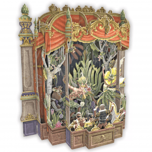 La tarjeta desplegable 3D045 ÓPERA muestra un detallado escenario de temática selvática, con músicos y actores como criaturas de la selva que actúan bajo elegantes cortinas rojas.