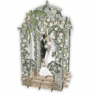 En el diseño 3D046 BODA, unos novios ilustrados se besan bajo un arco floral mientras una niña vestida de blanco sostiene una cesta de flores.