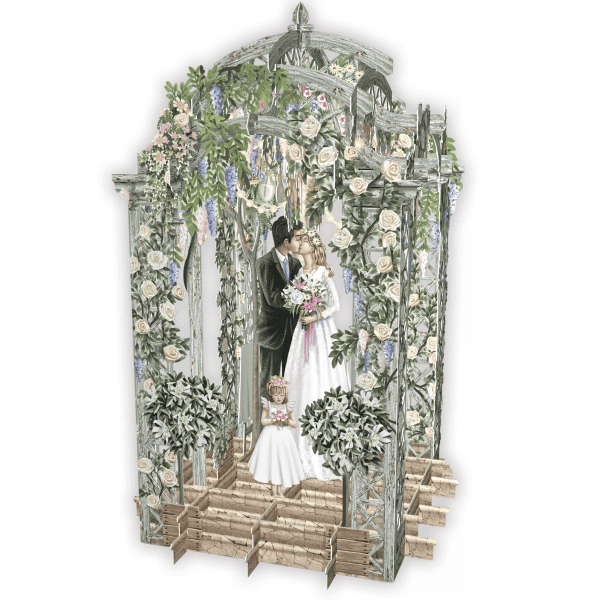 En el diseño 3D046 BODA, unos novios ilustrados se besan bajo un arco floral mientras una niña vestida de blanco sostiene una cesta de flores.