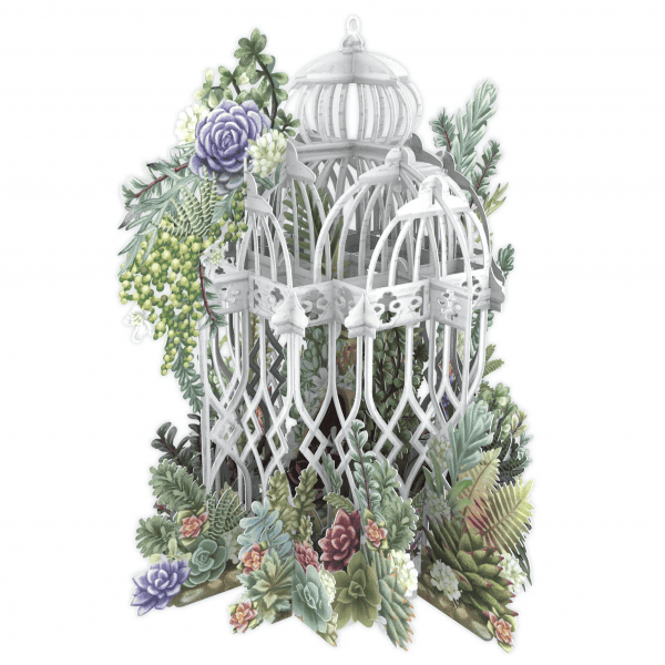 La JAULA DE PLANTAS 3D047 presenta una jaula de pájaros blanca y ornamentada rodeada de suculentas de papel y vegetación sobre un fondo blanco.