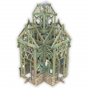 Maqueta de papel de un invernadero con armazón verde, base de ladrillo y varias plantas tropicales y pájaros visibles en su interior.
