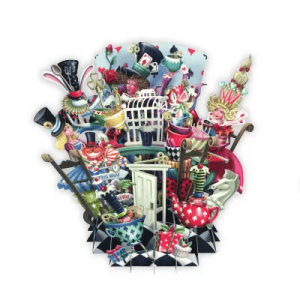 La ilustración pop-up TW020 TIEMPO DE FIESTA muestra vibrantes personajes y objetos inspirados en Alicia en el País de las Maravillas, con tazas de té, un conejo blanco, naipes y una puerta central abierta.
