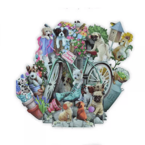 Un grupo de cachorros de TW022 CUMPLEAÑOS DE PERRITOS juega y se sienta cerca de una bicicleta verde, rodeados de flores, herramientas de jardinería y adornos de exterior.