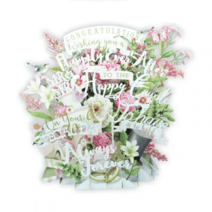 La tarjeta de boda TW027 BODA es un diseño decorativo con flores, anillos y mensajes de felicitación como "Felicidades", "A la feliz pareja" y "Siempre para siempre".