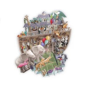 Ilustración pop-up de TW029 ARCA DE NOÉ que muestra un arca de madera llena de animales como elefantes, jirafas, cebras, flamencos y follaje selvático, acentuado por globos de colores en primer plano.