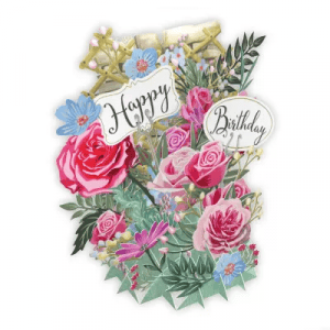 La tarjeta desplegable TW030 FELIZ CUMPLEAÑOS ROSAS tiene rosas rosas y rojas, flores azules, hojas verdes y letreros que dicen "Feliz" y "Cumpleaños".