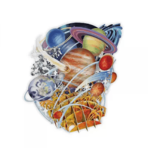 El TW032 PLANETARIUM presenta un collage de coloridos planetas, líneas arremolinadas y formas abstractas dispuestas dinámicamente en una composición por capas sobre fondo blanco.