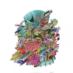 TW033 ARRECIFE DE CORAL representa una escena submarina de arrecife de coral con peces de colores, corales, una tortuga marina, una raya y plantas marinas.