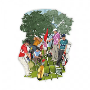 TW034 GOLF: Ilustración de cinco golfistas en un green con palos y bolsas, cada uno dedicado a diferentes actividades, con árboles al fondo.