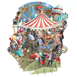 Ilustración del TW043 CARRUSEL DE ANIMALES: animales y personas montan en un carrusel, sostienen globos y actúan delante de una noria y una carpa de circo.