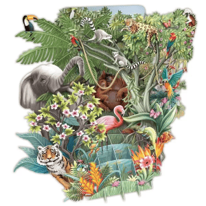 TW044 JUNGLA presenta una vibrante ilustración de diversos animales de la selva tropical -tigre, elefante, flamenco, monos, lémures, tucán, loros y jaguar- en medio de una exuberante vegetación y flores junto a un estanque.