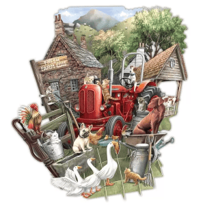 Un tractor rojo está aparcado en una granja rodeado de varios animales, como perros, gatos, gallinas, gansos y un gallo, con una granja y edificios agrícolas al fondo.