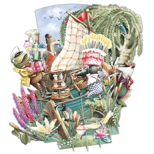 En el puzzle TW046 ORILLA DEL RÍO, unos animales antropomorfos con ropas vibrantes preparan un velero junto a la orilla de un río florido bajo un gran árbol, donde un pájaro se posa en una rama.