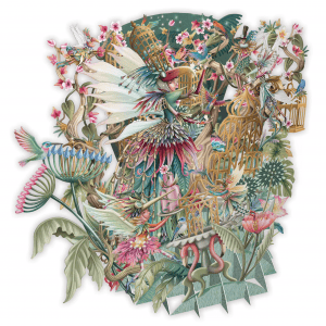 TW047 HADAS ENJAULADAS: Una intrincada escultura de papel que muestra pájaros de colores, flores, plantas y jaulas doradas en un diseño denso e imaginativo.