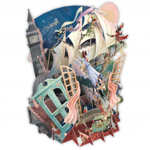 El TW049 PIRATAS FANTASMAS muestra a Peter Pan, Wendy, John y Michael sobrevolando Londres con el Big Ben a la vista y un barco pirata surcando el cielo nocturno.