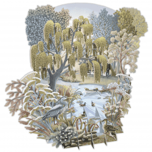 Una ilustración detallada de TW055 VERANO muestra un estanque bordeado de árboles y plantas, con patos nadando, una garza en la orilla y una casita lejana parcialmente visible a través del follaje.