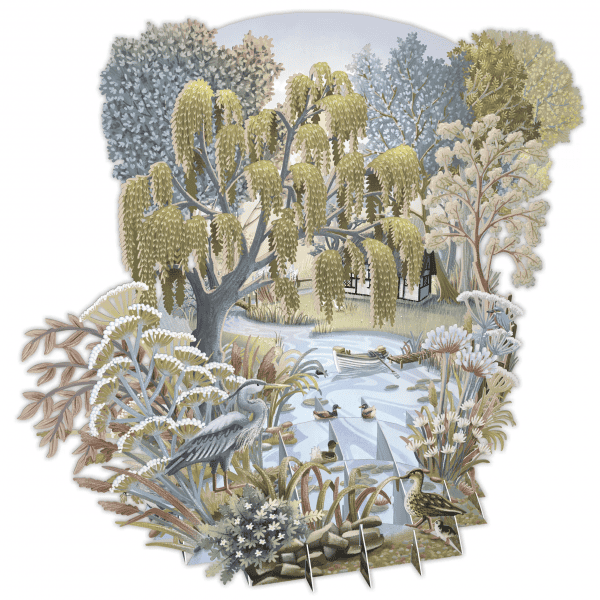 Una ilustración detallada de TW055 VERANO muestra un estanque bordeado de árboles y plantas, con patos nadando, una garza en la orilla y una casita lejana parcialmente visible a través del follaje.