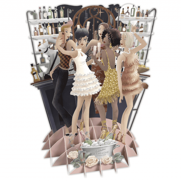 Ilustración de cinco personas con atuendo festivo bailando y socializando junto a un bar, con una cubitera de TW056 CHAMPAGNE y rosas en primer plano.