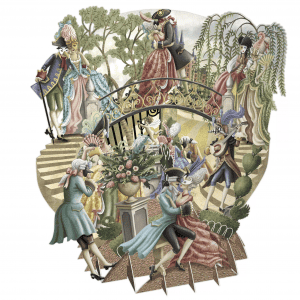 Invitados ataviados con trajes ornamentales del siglo XVIII se reúnen en un jardín para la TW057 FIESTA DE MÁSCARAS, algunos de pie sobre un puente mientras otros se mezclan abajo entre frondosos árboles y flores en flor.