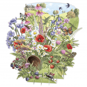 Una vibrante ilustración para TW060 FLORES SALVAJES muestra un prado de flores silvestres lleno de flores, mariposas, un ratón, insectos y una casa lejana bajo el sol.