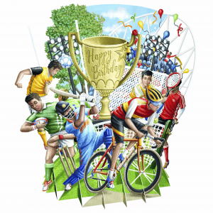 La ilustración de TW061 DEPORTISTAS muestra a atletas jugando al fútbol, cricket, ciclismo y tenis con un trofeo dorado de "Feliz Cumpleaños" y decoraciones temáticas de estadios de fondo.