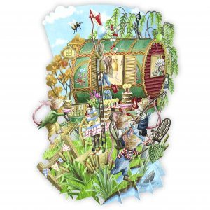 Ilustración para TW062 CABAÑA DE RATONES: Ratones disfrutan de una fiesta en el jardín junto a una carreta de colores, con pasteles, globos y adornos. Un ratón sube una escalera mientras otro vuela una cometa.