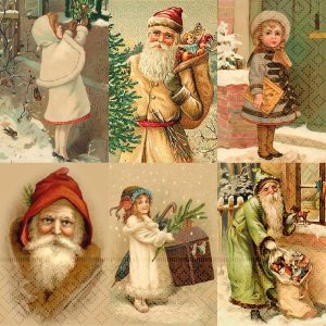 Un collage de ilustraciones de postales navideñas de época en la servilleta postal navidad, en las que aparecen Papá Noel, jovencitas con atuendos de invierno y festivas escenas navideñas nevadas.