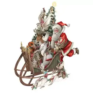 Papá Noel montado en un trineo de madera lleno de regalos envueltos, rodeado de diversos animales del bosque, como ciervos, conejos, búhos y zorros, con un árbol de Navidad en la parte trasera.