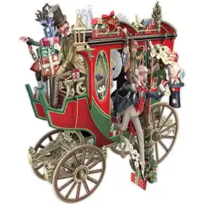 Un festivo carruaje rojo lleno de gente, regalos y adornos navideños, con los pasajeros alegremente colgados y alrededor del vehículo.