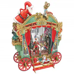 Un detallado modelo de papel en 3D de un carruaje festivo con Papá Noel, una bailarina, soldados de juguete, regalos y decoraciones ornamentales en rojo, verde y dorado.