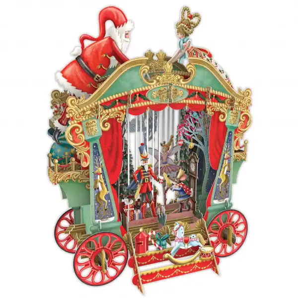 Un detallado modelo de papel en 3D de un carruaje festivo con Papá Noel, una bailarina, soldados de juguete, regalos y decoraciones ornamentales en rojo, verde y dorado.