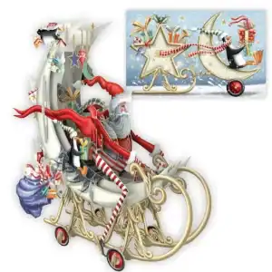 Papá Noel cabalga en un trineo con ruedas en forma de luna, rodeado de regalos y adornos festivos; un recuadro muestra una escena similar de trineo con estrellas y luna en un entorno nevado.