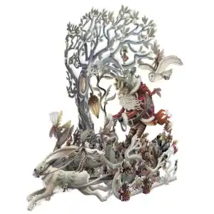 Ilustración detallada de una liebre corriendo entre el follaje, con una figura barbuda y vestida de rojo y un búho en un árbol detrás, rodeados de ramas y plantas retorcidas.