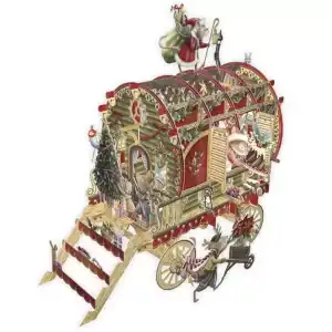 Carruaje navideño ilustrado con adornos festivos, juguetes, un árbol de Navidad, Papá Noel, elfos y renos que rodean y están dentro del colorido y ornamentado vagón.