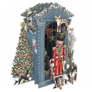 Ilustración de una festiva escena navideña con un árbol decorado, un cascanueces, cajas de regalo y cinco gatos subidos y alrededor de una estructura de vigilancia azul adornada con luces y guirnaldas.