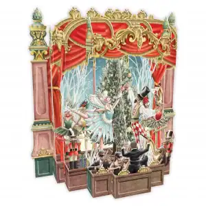 Ilustración de un escenario de teatro con bailarines de ballet, músicos y decoraciones navideñas, incluido un árbol de Navidad y figuras de cascanueces, enmarcado por cortinas rojas y adornos dorados.
