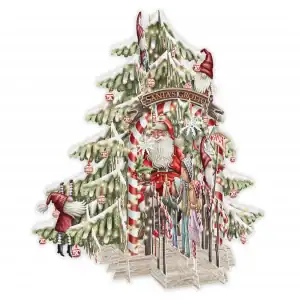 Recorte festivo de Papá Noel de pie en una gruta decorada bajo un árbol de Navidad cubierto de nieve, rodeado de regalos, elfos y adornos.