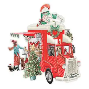Un camión rojo de café decorado con motivos navideños sirve bebidas a los clientes; se ve a una mujer, un perro, un árbol y coronas festivas.