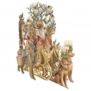 Ilustración de animales, entre ellos un reno, un perro y un oso, adornados con velas y cuernos, tirando de un trineo lleno de regalos sobre fondo blanco.