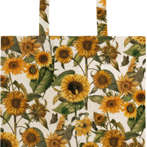 La STBAG 85 BOLSA ALGODÓN GIRASOLES es una bolsa de tela con un vibrante estampado de girasoles amarillos y hojas verdes sobre fondo claro.