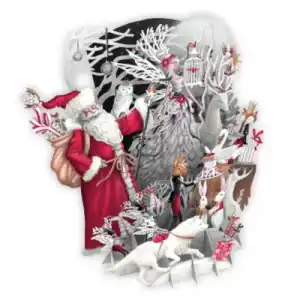 Papá Noel con un abrigo rojo saluda a los animales del bosque y a un hada en un bosque nevado, rodeado de árboles blancos, regalos envueltos y decoraciones festivas.