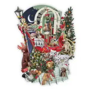 Ilustración de varios perros alrededor y dentro de un trineo rojo decorado para Navidad, con árboles de Navidad, regalos y adornos festivos de fondo.