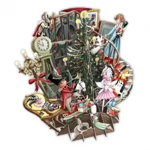 Ilustración de una escena festiva con un árbol de Navidad decorado, juguetes, una bailarina, un cascanueces y una niña cerca de una escalera, rodeados de regalos y adornos navideños.