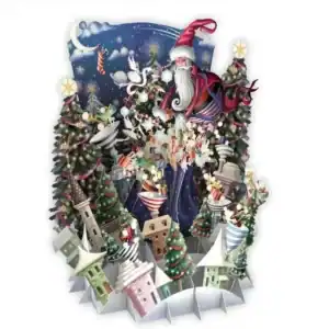 Una ilustración pop-up de Papá Noel con regalos, árboles de Navidad decorados y casitas bajo un cielo nocturno estrellado.